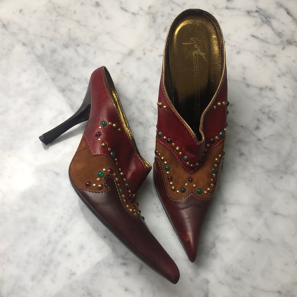 Giuseppe Zanotti design Size 7.5 Two-Tone Red & Brown Studded Pointed-Heel Mules - Picture 1 of 10